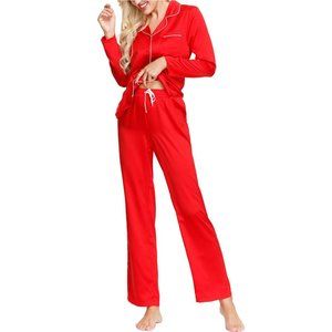 INKIVY Women Red Long Sleeve Contrast Piping Detailed Silky Pajamas Set XL